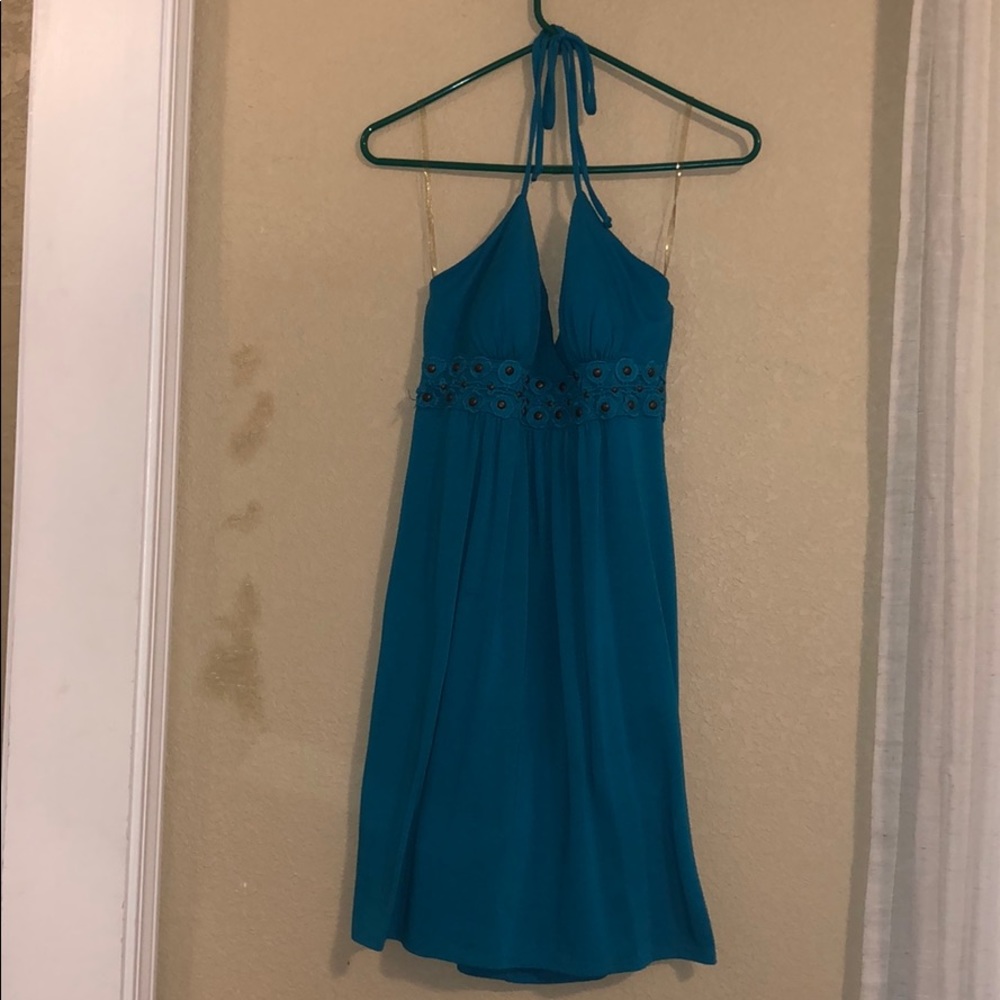 Teal Blue Halter Dress with gold embellishments